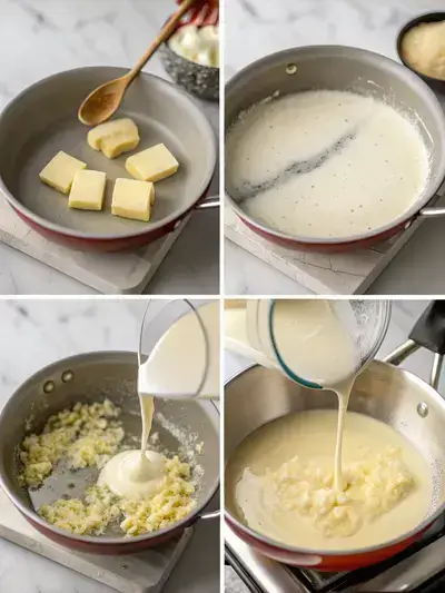 Step-by-step process of making Homemade Alfredo Sauce, showcasing melting butter, cooking garlic, adding cream, and whisking in cheese.