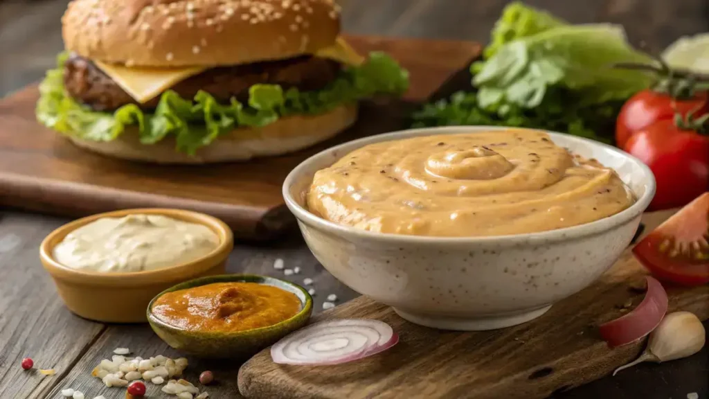 Bowl of creamy Big Mac sauce with ingredients displayed around it.