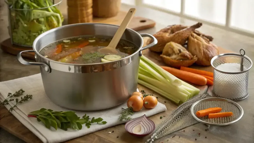 A pot of simmering chicken bone broth with fresh vegetables and herbs on a rustic kitchen countertop.
