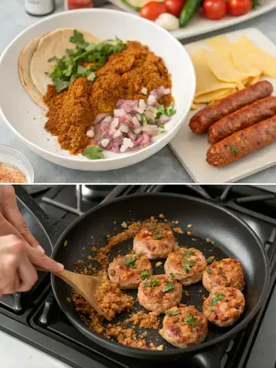 Step-by-step process of making chicken chorizo, including mixing ingredients, forming patties, cooking in a skillet, and serving in tacos.