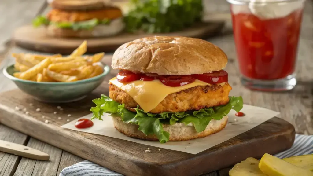 A close-up of a chicken patty sandwich with melted cheese, lettuce, and tomato on toasted buns.