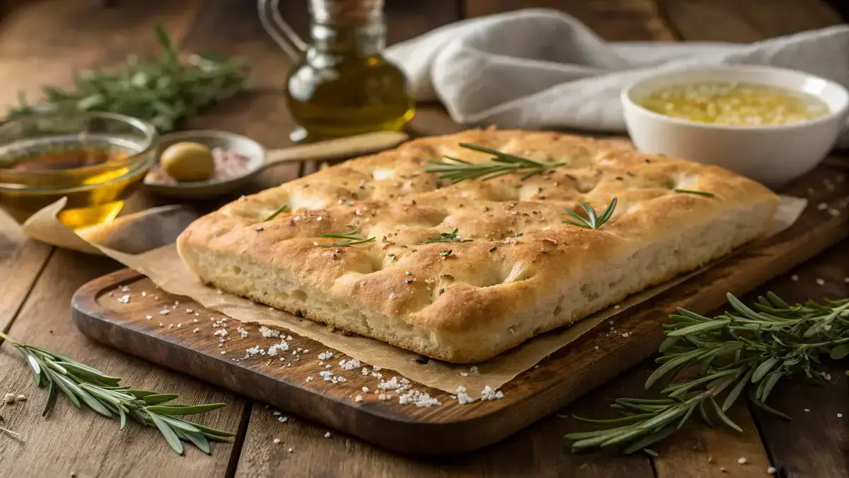 Golden brown focaccia bread with rosemary and olive oil on a wooden table.