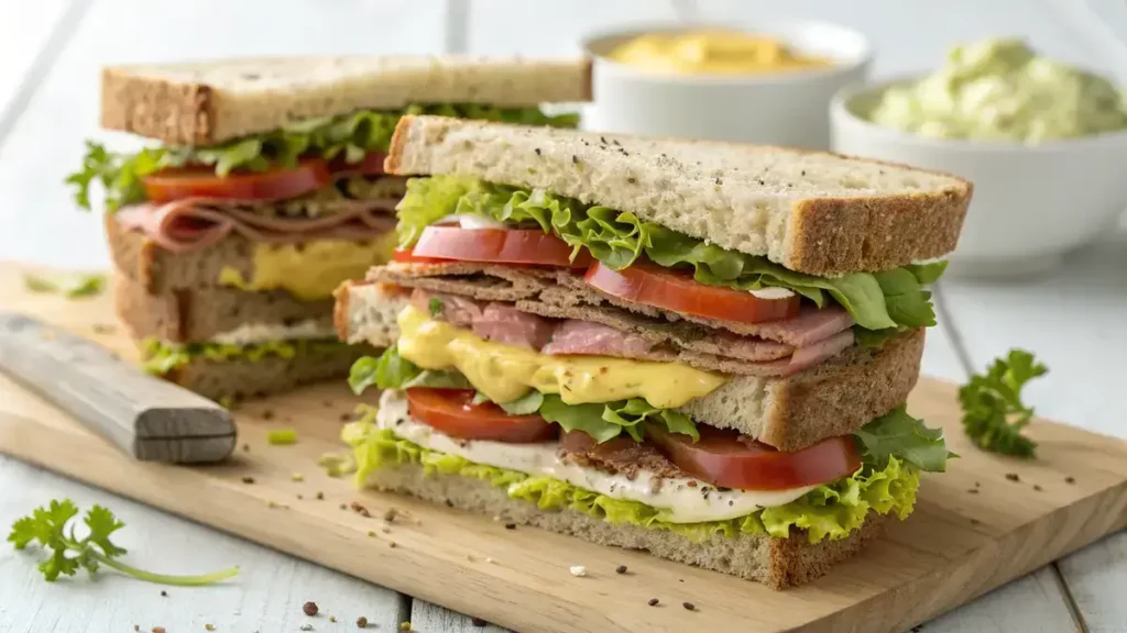 A delicious sandwich with layers of lettuce, tomato, and sandwich meat, cut in half on a wooden surface.