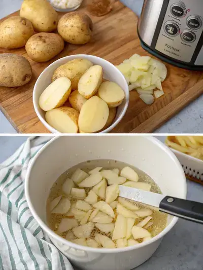 Step-by-step process of making air fryer chips, including washing, slicing, soaking, and seasoning potatoes.