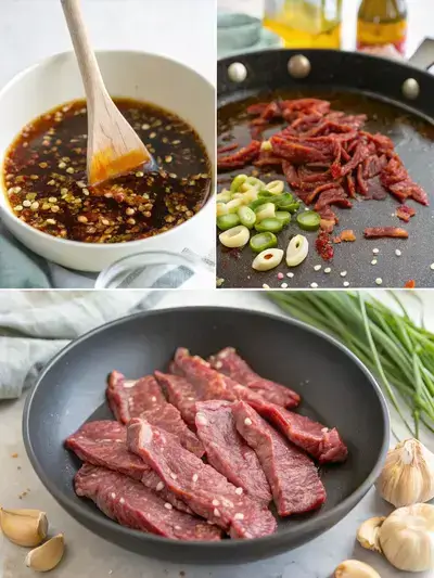 Step-by-step process of preparing beef strips, including marinade preparation, marinating beef, heating skillet, and cooking beef strips.