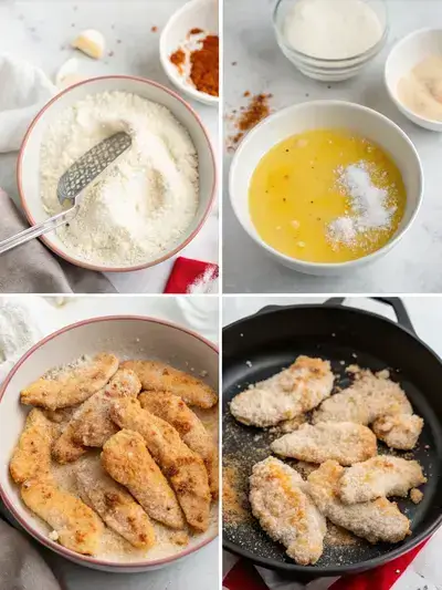 Step-by-step process of making chicken tenders, including seasoning, dredging, and frying.