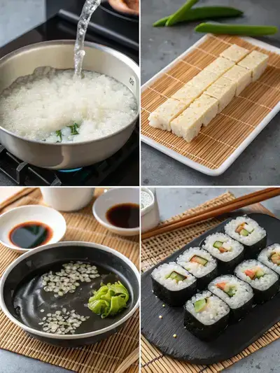 Step-by-step process of making cooked sushi rolls, including rinsing rice, cooking, preparing nori, and slicing the rolls.