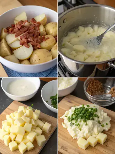 Step-by-step process of making Loaded Mashed Potatoes, including peeling, boiling, mashing, and adding toppings.
