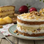 A slice of Better Than Sex Cake with layers of cream cheese and toppings on a rustic table.