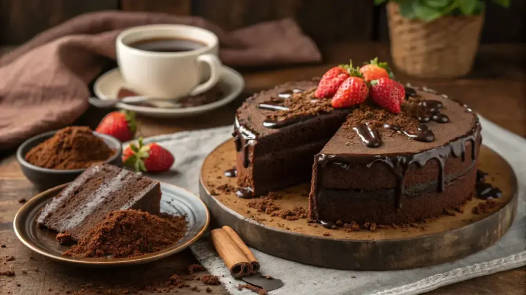 A slice of Chocolate Depression Cake with chocolate sauce and fresh strawberries on a rustic table.