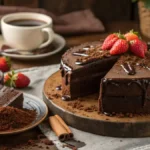 A slice of Chocolate Depression Cake with chocolate sauce and fresh strawberries on a rustic table.