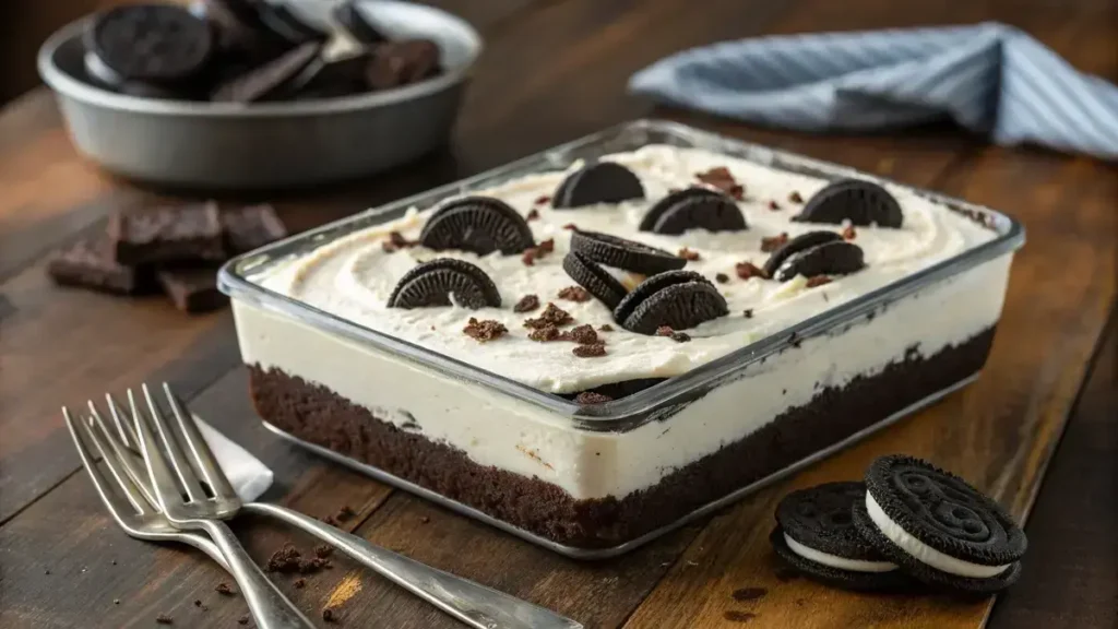 Delicious No Bake Oreo Dessert with layers of cream cheese filling and crushed Oreos on top.