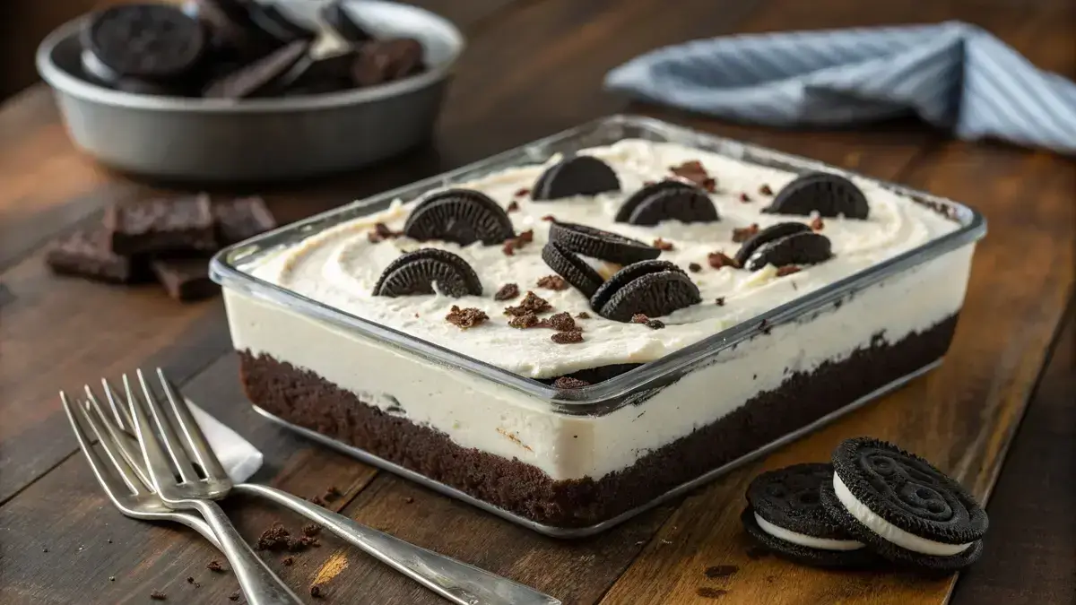 Delicious No Bake Oreo Dessert with layers of cream cheese filling and crushed Oreos on top.