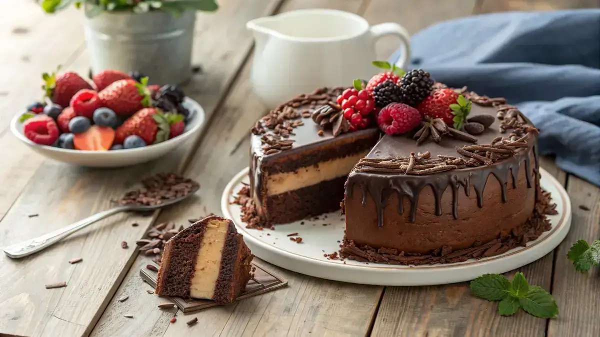 A decadent chocolate ganache cake with glossy ganache and chocolate shavings on top.