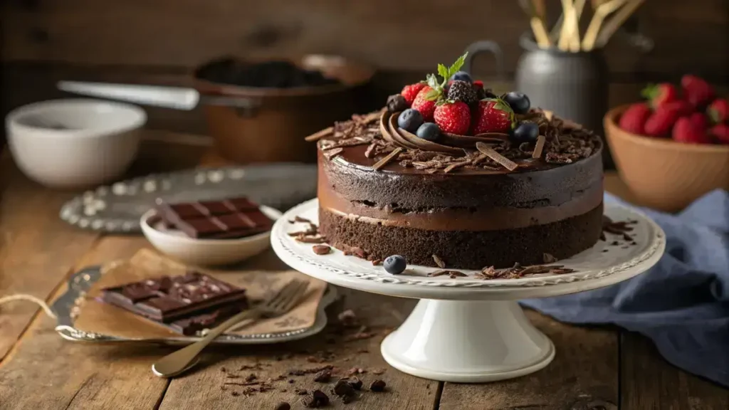 A two-layer Dark Chocolate Cake with glossy frosting and chocolate shavings on a white cake stand.