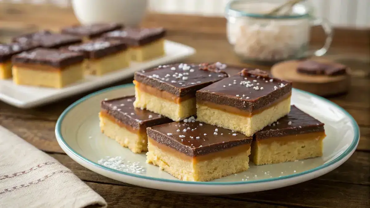 Delicious MILLIONAIRE SHORTBREAD bars with a golden shortbread base, caramel layer, and dark chocolate topping on a wooden table.