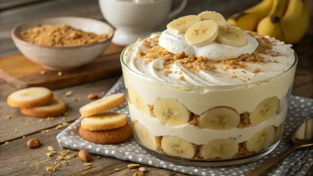 A delicious serving of not yo mama's banana pudding with layers of vanilla wafers, banana slices, and whipped cream.