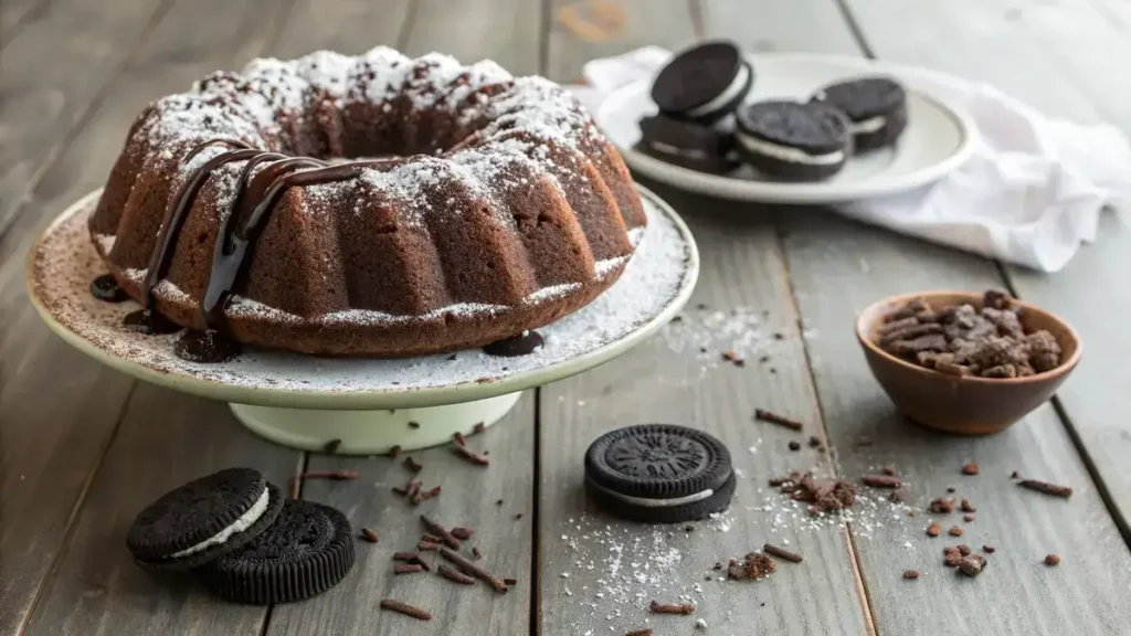 Delicious oreo bundt cake with powdered sugar and chocolate glaze on a wooden table.