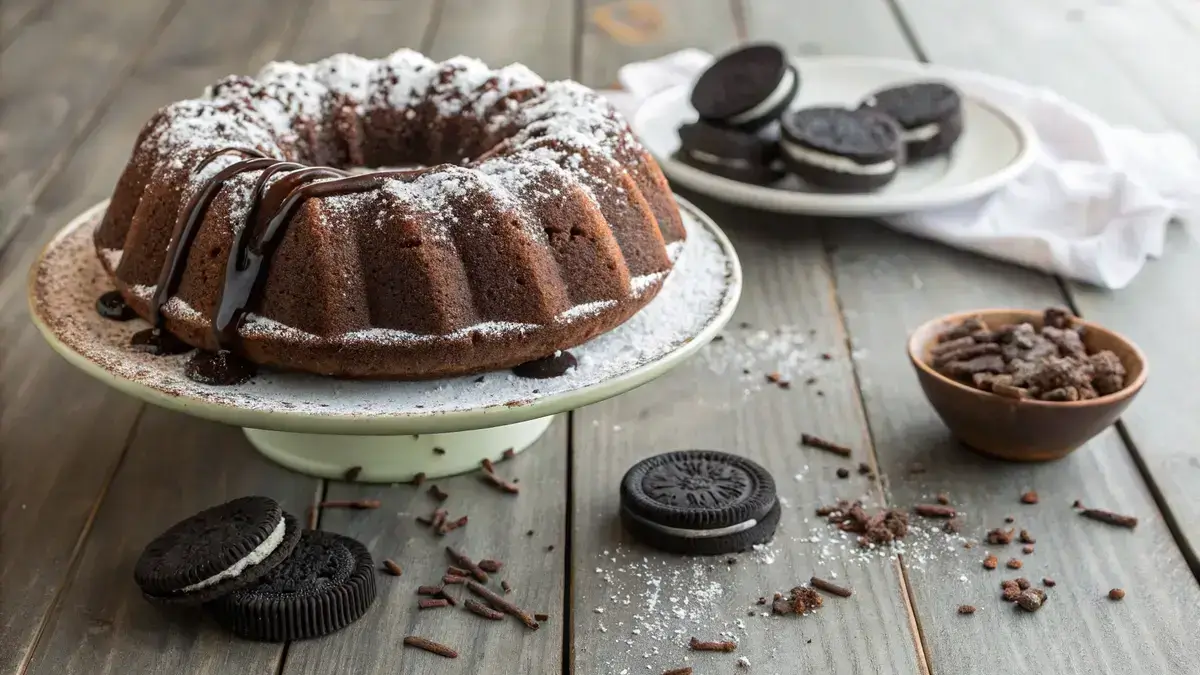 Delicious oreo bundt cake with powdered sugar and chocolate glaze on a wooden table.