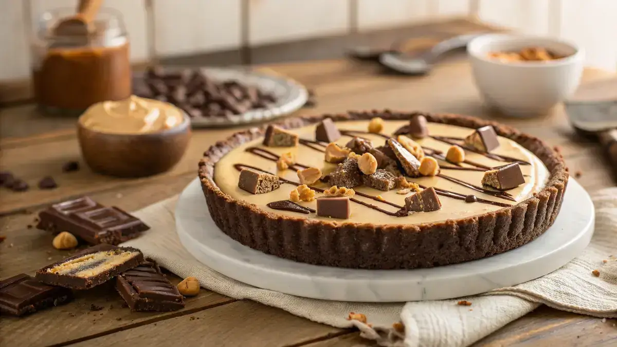 Delicious Peanut Butter Cup Pie with chocolate drizzle and peanut butter cup toppings.