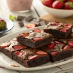 Delicious strawberry brownies on a rustic wooden table, garnished with fresh strawberries.
