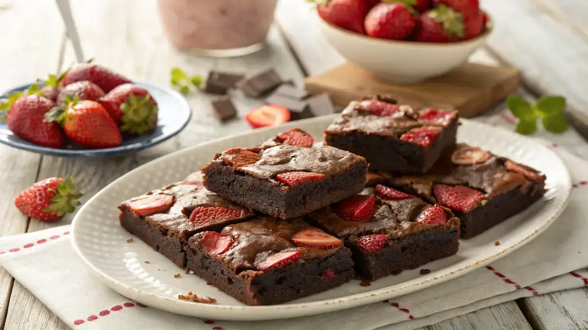 Delicious strawberry brownies on a rustic wooden table, garnished with fresh strawberries.
