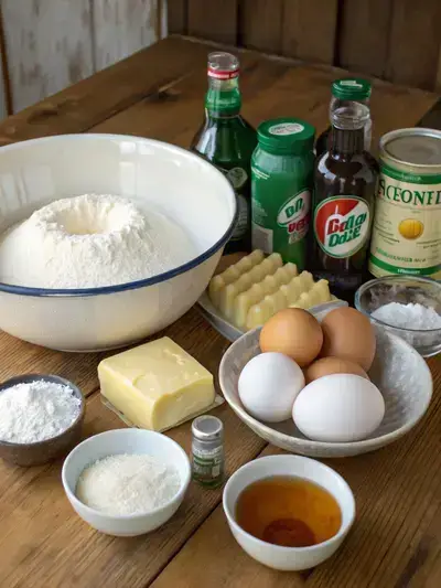 A collection of ingredients for 7up bundt cake, including flour, sugar, baking powder, salt, butter, eggs, 7up soda, and extracts, arranged on a kitchen table.