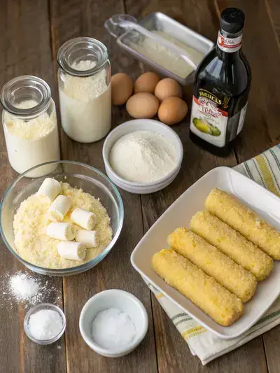 Ingredients for Air Fryer Mozzarella Sticks arranged on a kitchen table