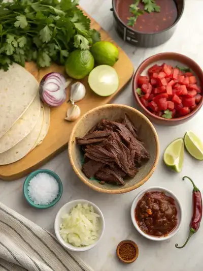 Fresh ingredients for birria tacos displayed on a kitchen table.