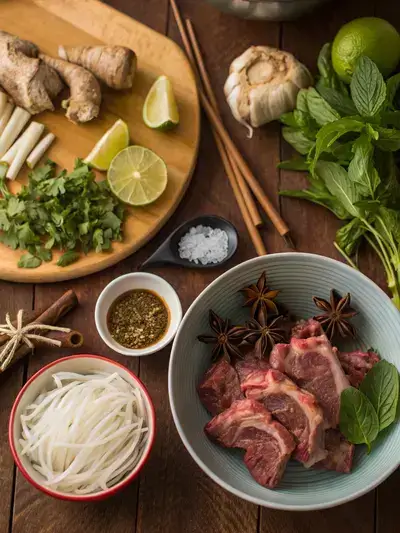 Ingredients for Hanoi Pho arranged on a kitchen table.