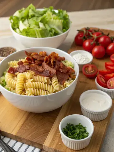 Ingredients for BLT pasta salad including pasta, bacon, tomatoes, and lettuce on a kitchen table.