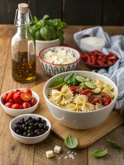 A colorful assortment of ingredients for BOW TIE PASTA SALAD displayed on a kitchen table.