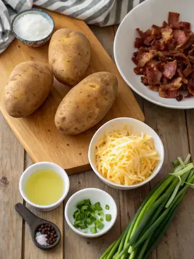Ingredients for Baked Potato Skins arranged on a kitchen table.