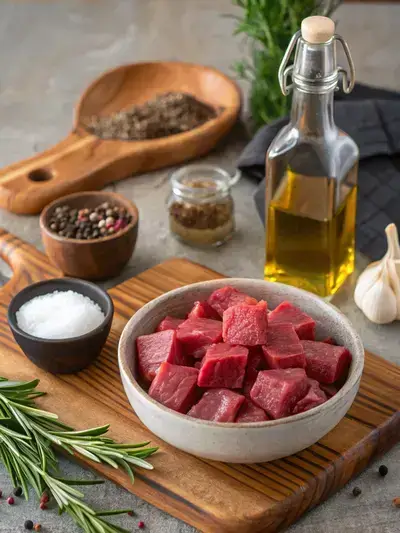 Fresh ingredients for cooking beef cubes on a kitchen table.