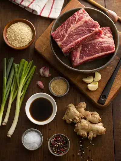 Ingredients for beef short ribs displayed on a kitchen table.