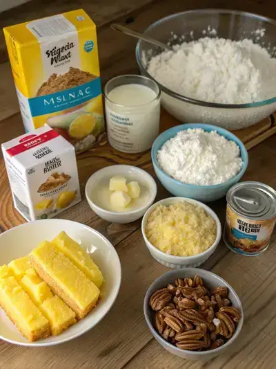 Ingredients for Better Than Sex Cake arranged on a kitchen table.