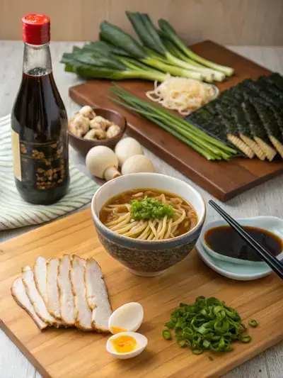 Ingredients for black garlic ramen displayed on a kitchen table.