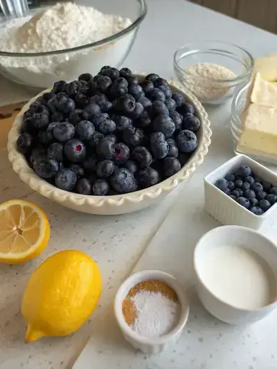 A collection of ingredients for blueberry pie, including fresh blueberries, sugar, cornstarch, lemon, and a pie crust, arranged on a kitchen table.