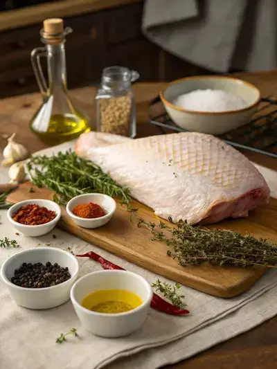 Ingredients for bone turkey breast displayed on a kitchen table.