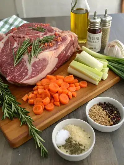 A variety of fresh ingredients for a bone in chuck roast recipe displayed on a kitchen table.