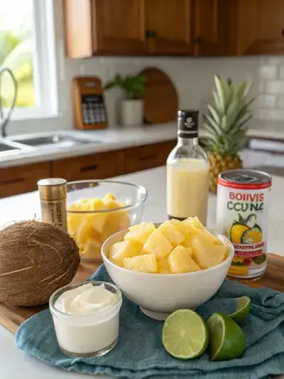 Ingredients for Boozy Dole Whip displayed on a kitchen table, including frozen pineapple, coconut milk, coconut rum, pineapple juice, simple syrup, and lime.