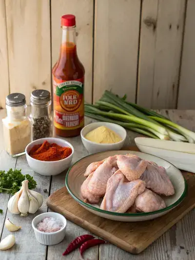 A variety of fresh ingredients for buffalo chicken wings displayed on a kitchen table, including chicken wings, hot sauce, butter, and spices.