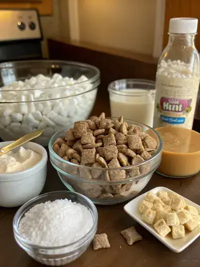 Ingredients for Butterfinger Puppy Chow displayed on a kitchen table.