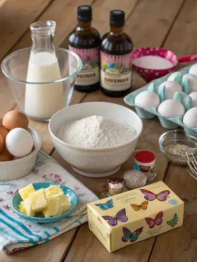 A display of ingredients for butterfly cupcakes on a kitchen table.