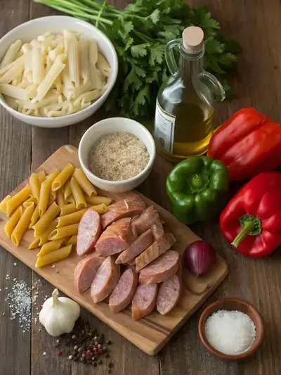 A colorful assortment of ingredients for Cajun Chicken and Sausage Pasta on a kitchen table.