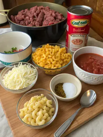 A variety of ingredients for cheeseburger macaroni displayed on a kitchen table, including ground beef, pasta, and cheese.