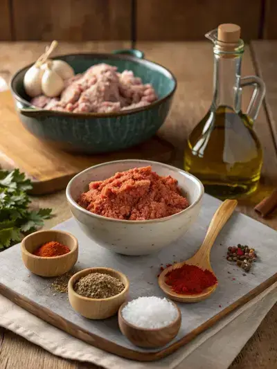 Ingredients for chicken chorizo displayed on a kitchen table, including ground chicken, spices, and olive oil.