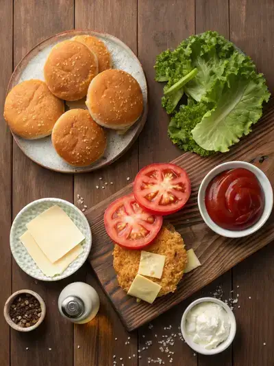 Ingredients for a chicken patty sandwich displayed on a kitchen table.