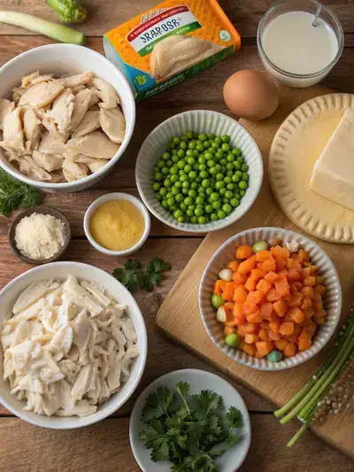 Fresh ingredients for chicken pot pie hand pies on a kitchen table.