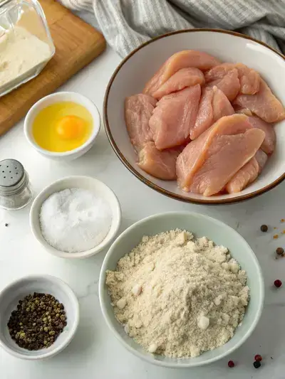 Ingredients for chicken tenders displayed on a kitchen table.